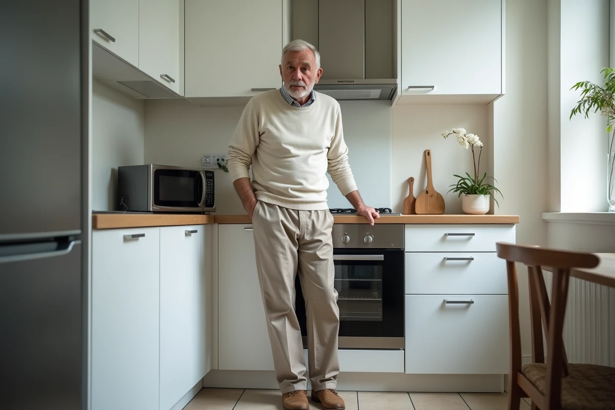 Homme ouvrant un micro-ondes dans une petite cuisine urbaine