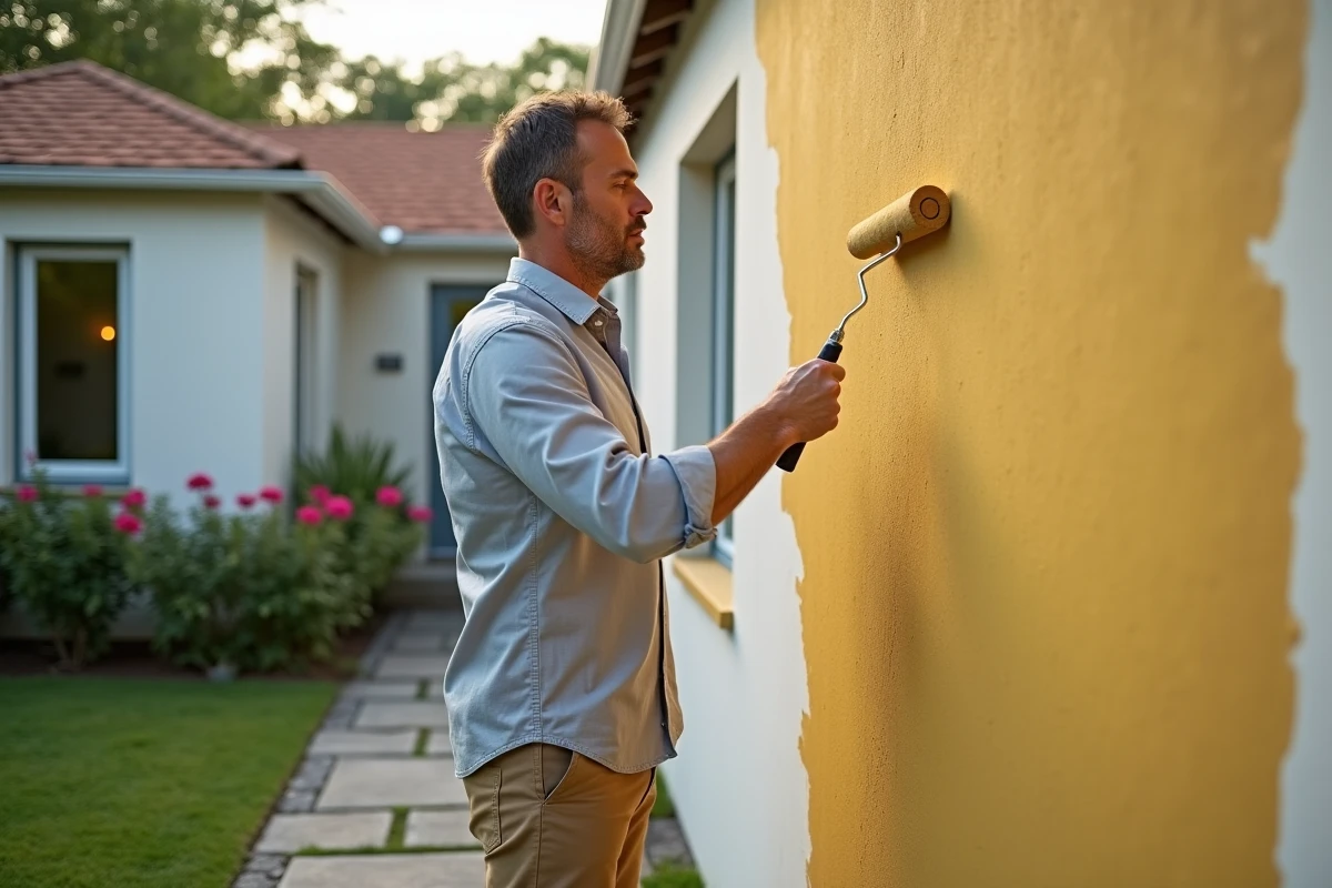 Homme appliquant une nouvelle peinture sur un mur extérieur