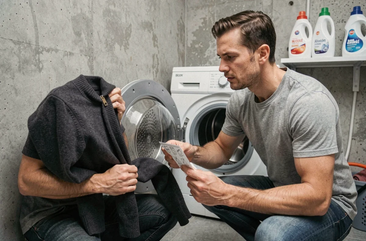 Homme consultant une carte de référence des pictogrammes lessive avant de mettre un pull en cachemire dans le lave-linge