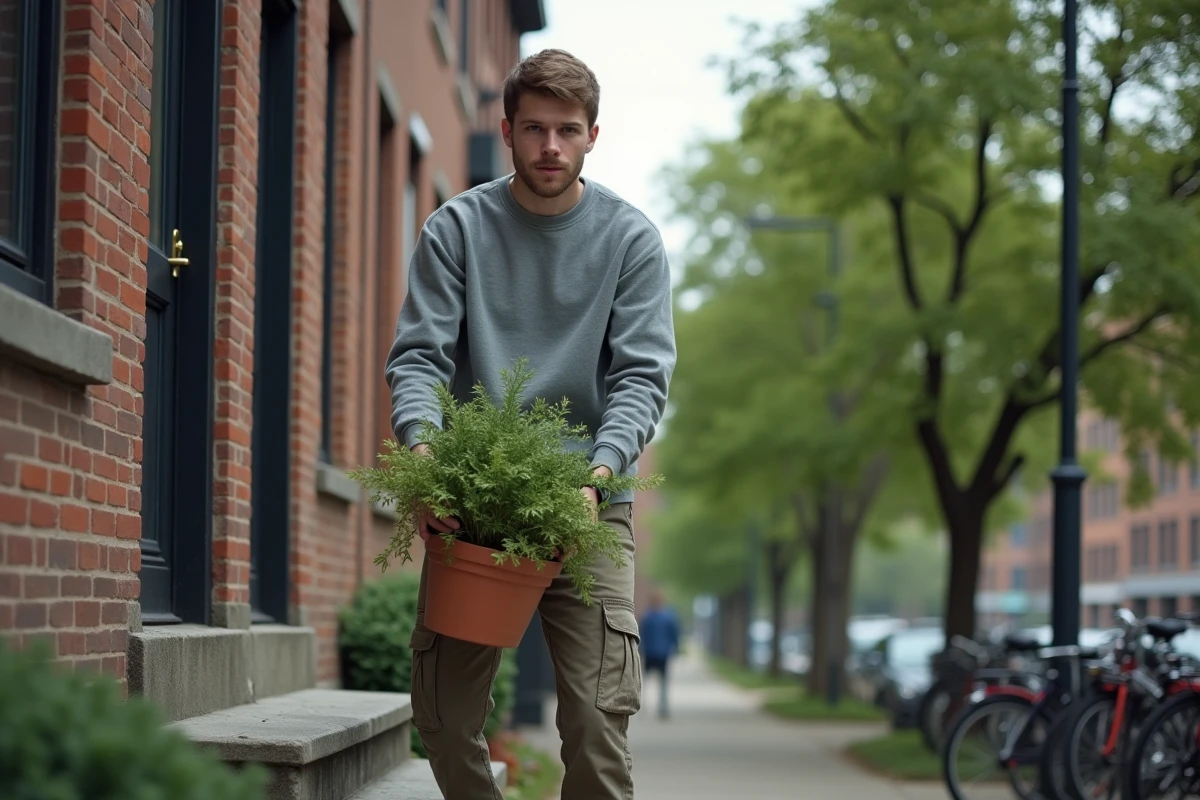Jeune homme portant une plante dans la rue