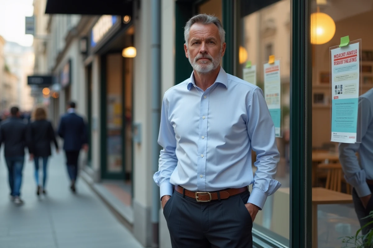 Homme regarde une annonce de location en ville