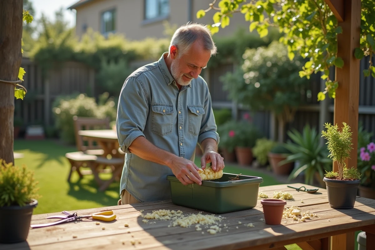 Homme recyclant des restes de cire dans le jardin