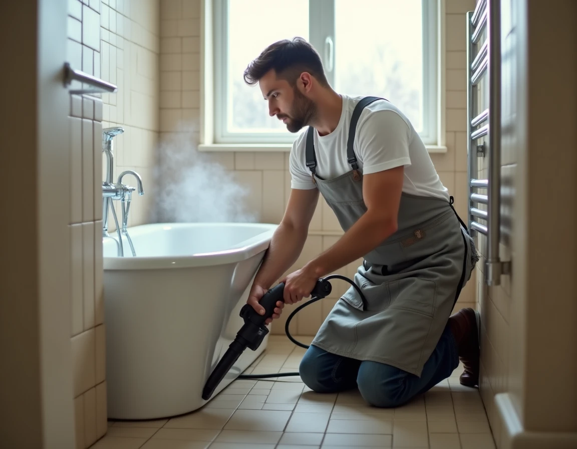 Homme utilisant un appareil à vapeur pour décoller du papier peint dans une petite salle de bains
