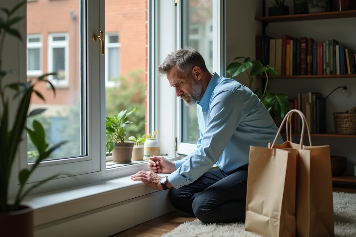 Homme vérifie un joint de fenêtre dans un salon cosy