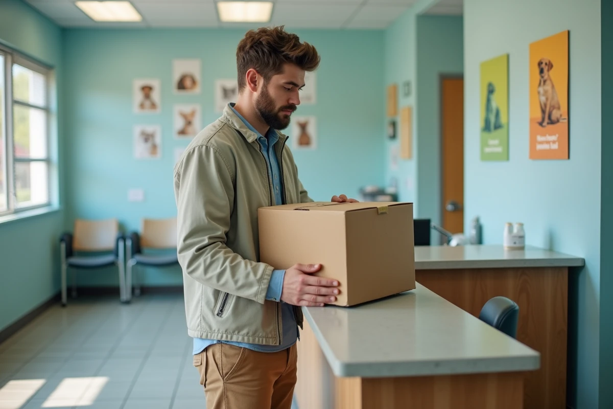 Jeune homme tenant une boîte dans une clinique vétérinaire