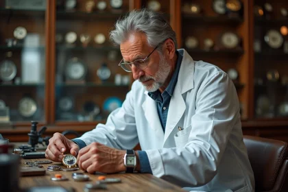 Horloger remplaçant la pile d'une montre analogique dans un atelier de réparation traditionnel