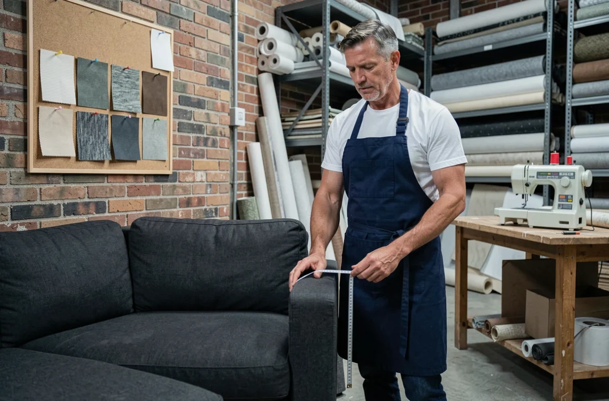Tapissier professionnel prenant les mesures d'un canapé d'angle gris pour une housse sur mesure dans un atelier d'ameublement