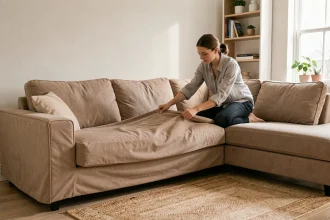 Femme ajustant une housse universelle extensible sur un canapé d'angle beige dans un salon scandinave