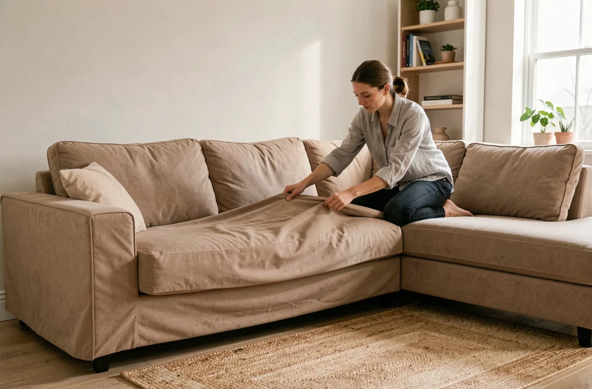 Femme ajustant une housse universelle extensible sur un canapé d'angle beige dans un salon scandinave