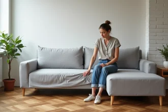 Femme ajustant une housse gris clair sur un canapé en L dans un petit salon parisien au parquet en chevrons