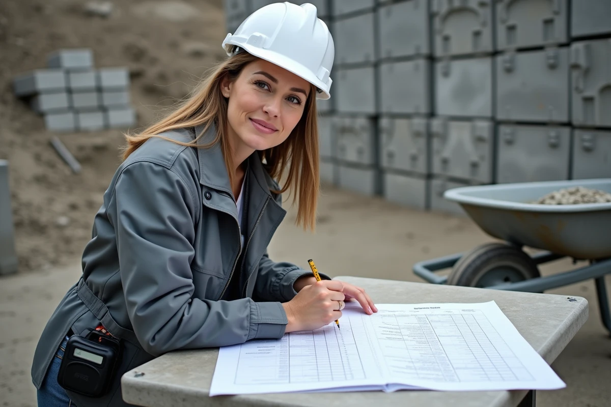 Ingénieure calculant le volume de béton en m3 sur un plan de dosage sur chantier