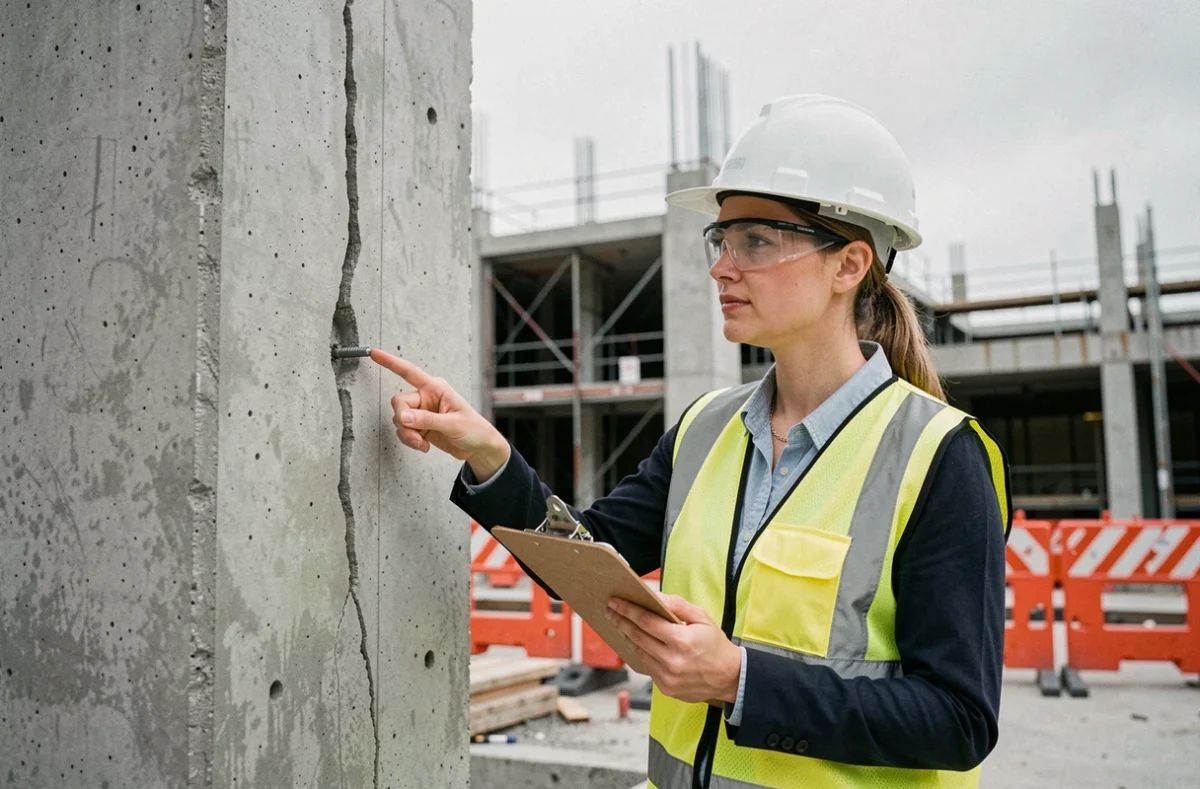 Ingénieure en bâtiment analysant une fissure sur une cheville chimique lors d'une inspection structurelle