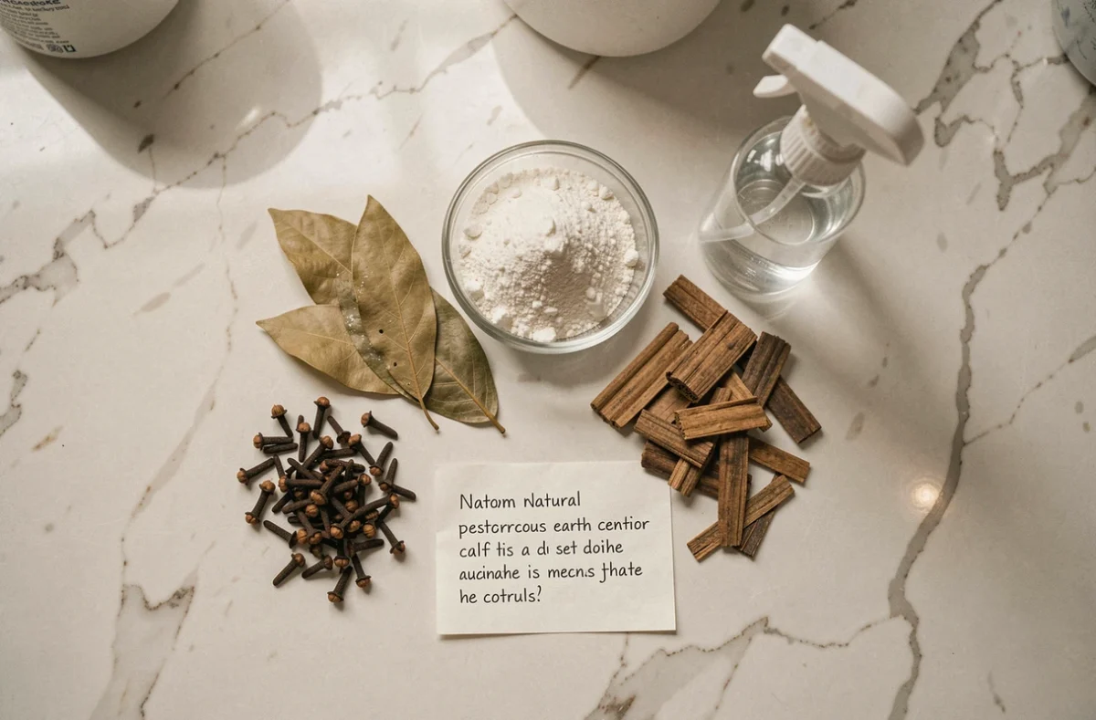Vue de dessus des ingrédients naturels pour éloigner les petites bêtes marron à la maison, incluant clous de girofle, feuilles de laurier et terre de diatomée