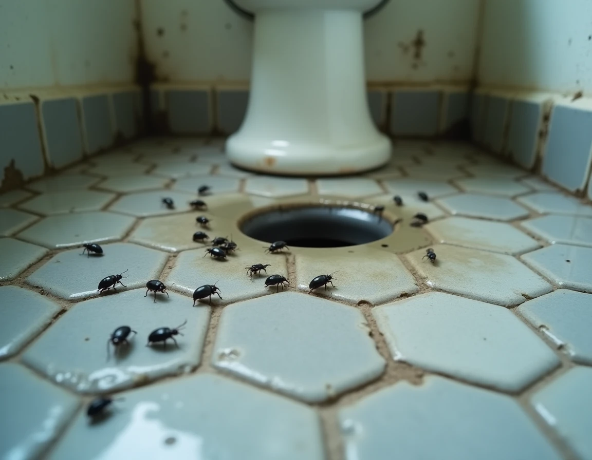 Petits insectes noirs autour d'un siphon de salle de bain humide, sol en carrelage mosaïque gris