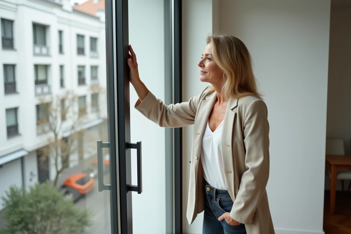 Femme inspectant le joint d'un double vitrage avant de signer un bail immobilier