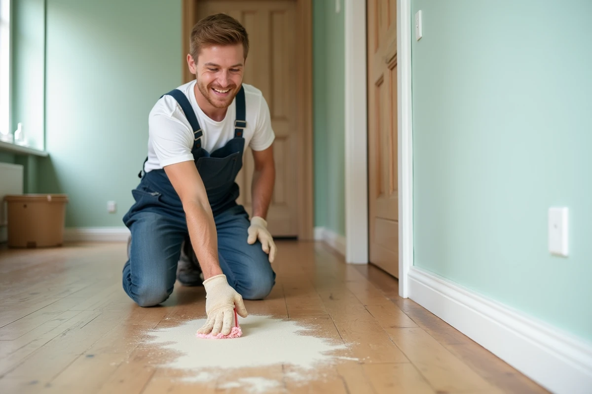 Jeune homme nettoyant un parquet rénové dans un couloir moderne