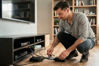 Homme organisant les câbles HDMI et coaxiaux derrière un meuble TV dans un salon moderne équipé d'un home cinéma