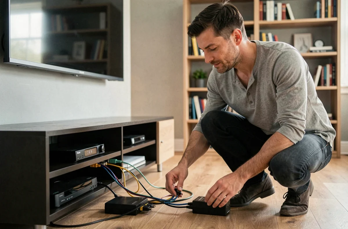 Homme organisant les câbles HDMI et coaxiaux derrière un meuble TV dans un salon moderne équipé d'un home cinéma