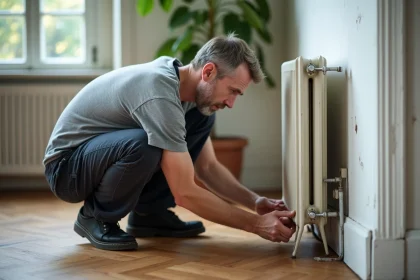 Homme installant un pied de radiateur en fonte sans percer le mur dans un appartement parisien