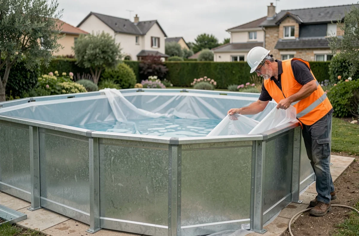 Installation d'un kit de piscine Waterair avec parois en acier galvanisé et pose du liner PVC dans un jardin résidentiel du Rhône