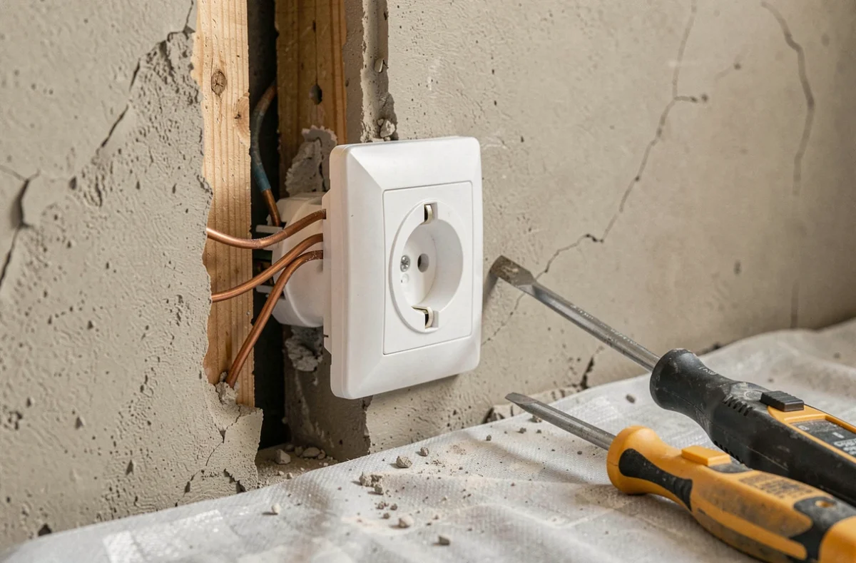 Prise électrique en cours d'installation dans un mur en plâtre lors de travaux de rénovation