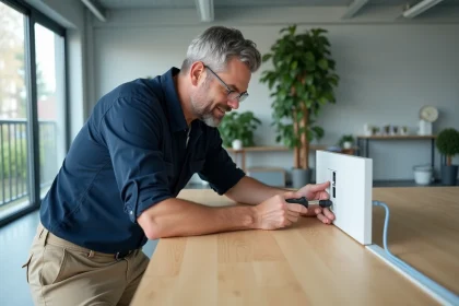 Électricien installant une prise pour goulotte électrique sur un bureau moderne en bois clair dans un open space