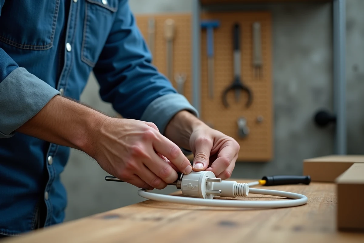 Gros plan sur des mains installant une prise électrique sur le câble d'un radiateur électrique dans un atelier domestique