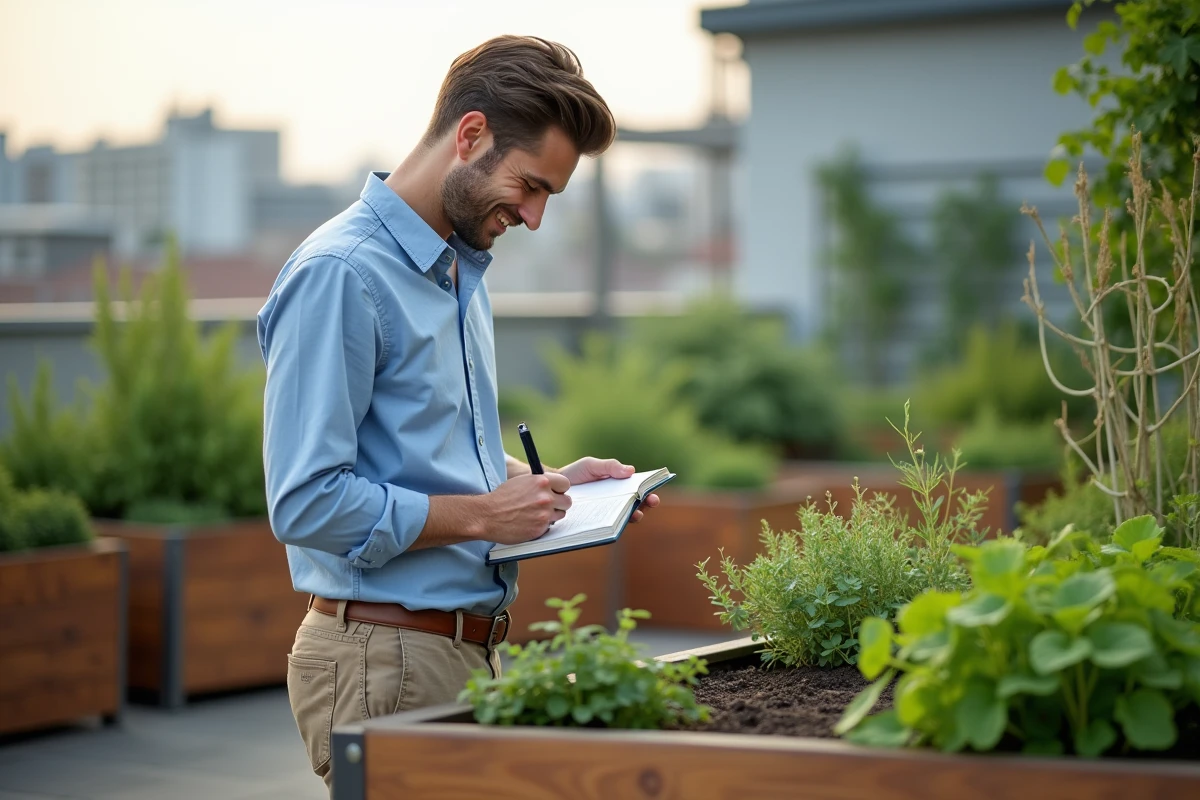 Jeune homme note dans son jardin sur un toit urbain