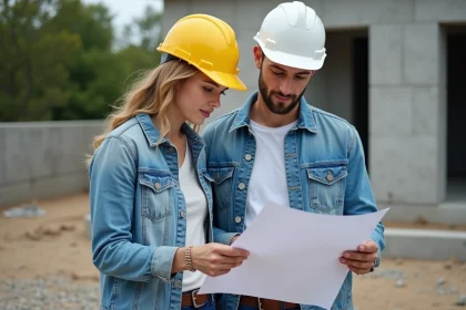 Jeune couple en plan rapproché sur un chantier de construction