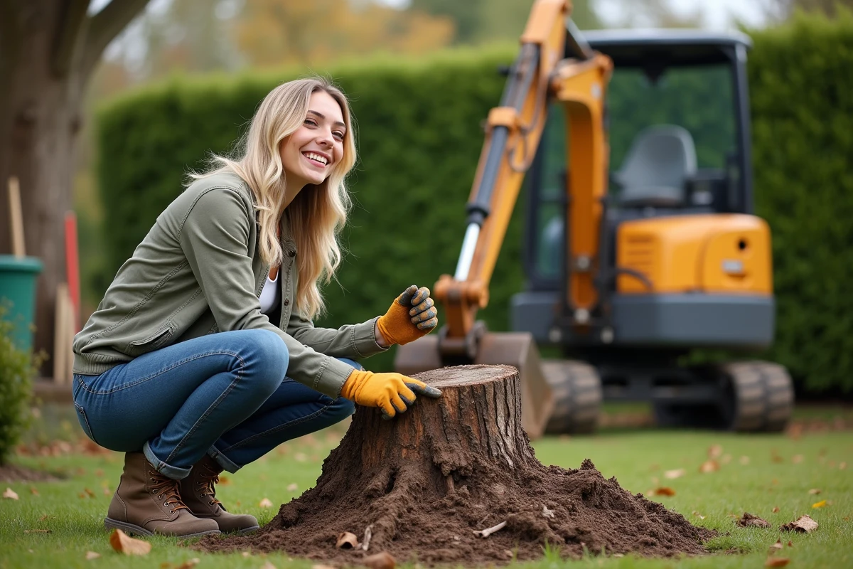 Jeune femme souriante examinant une souche dans un jardin résidentiel