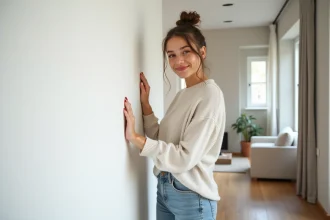 Jeune femme souriante pose devant un papier peint blanc moderne