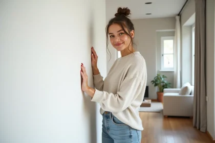 Jeune femme souriante pose devant un papier peint blanc moderne