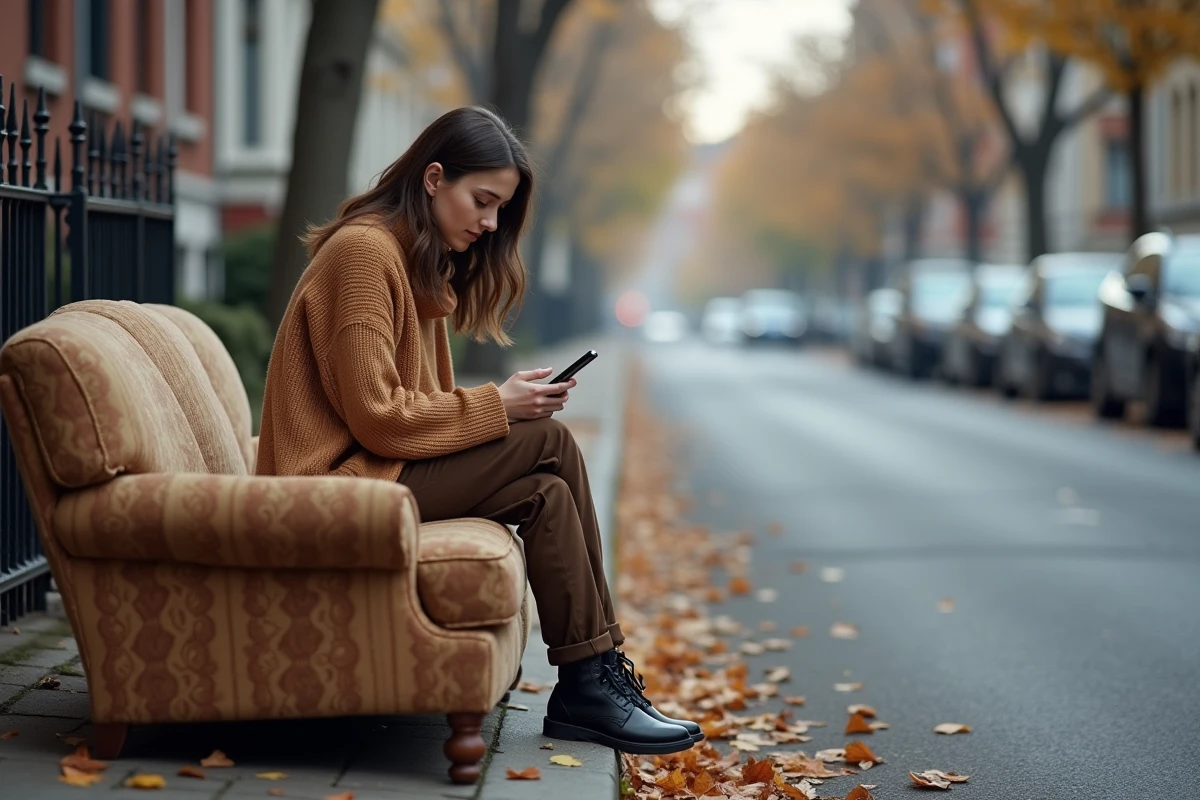 Jeune femme assise sur un vieux sofa en ville avec smartphone