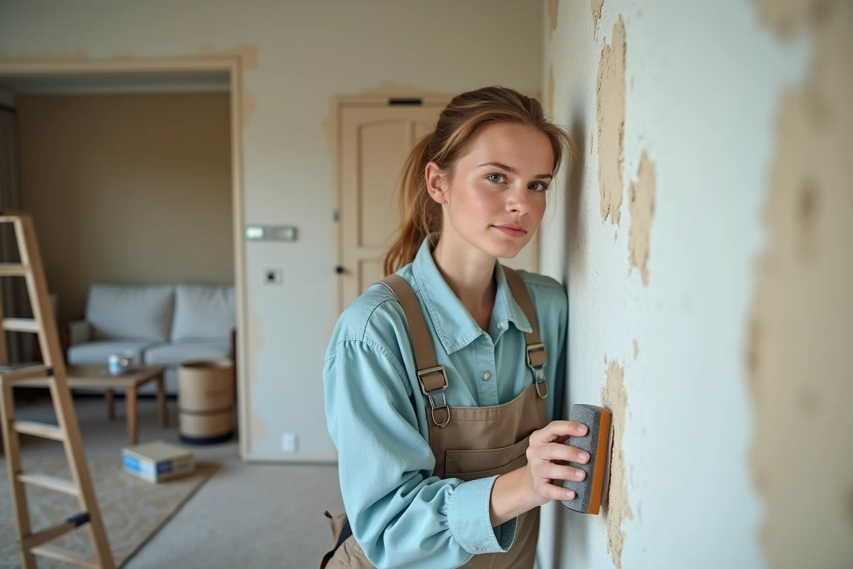 Jeune femme en overalls ponçant un mur intérieur avec un bloc abrasif