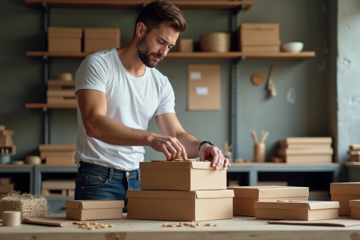 Jeune homme assemble des boîtes de biscuits dans un atelier