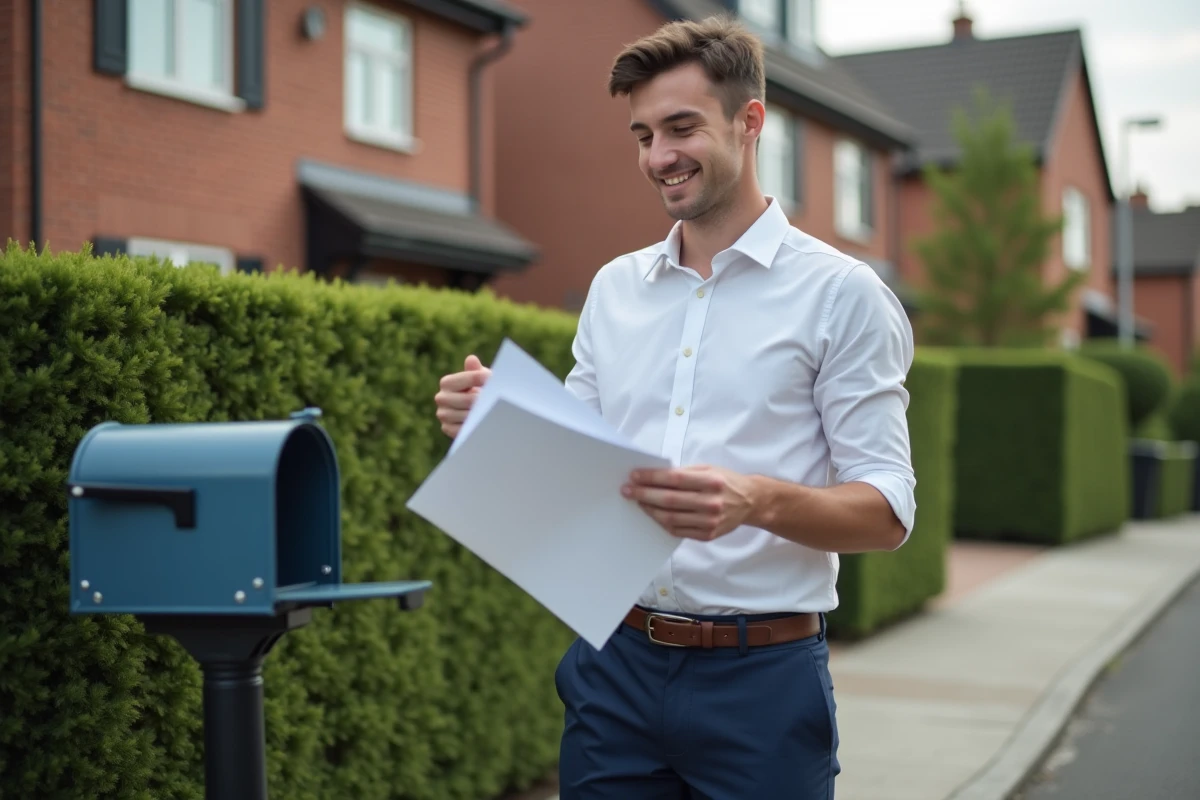 Jeune homme vérifiant sa boîte aux lettres dans un quartier résidentiel