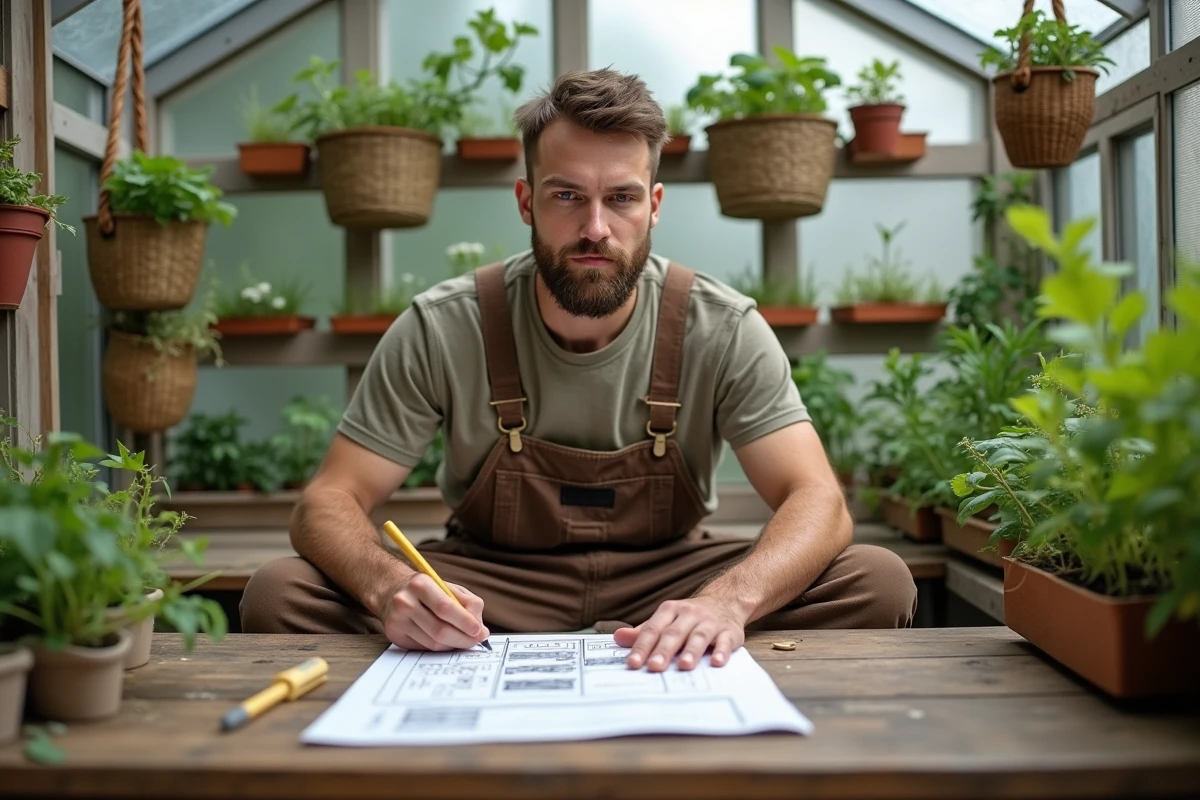 Jeune homme esquissant un plan de permaculture dans une serre