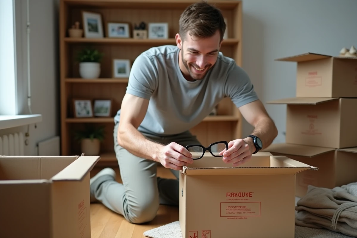 Jeune homme emballant des verres dans un carton