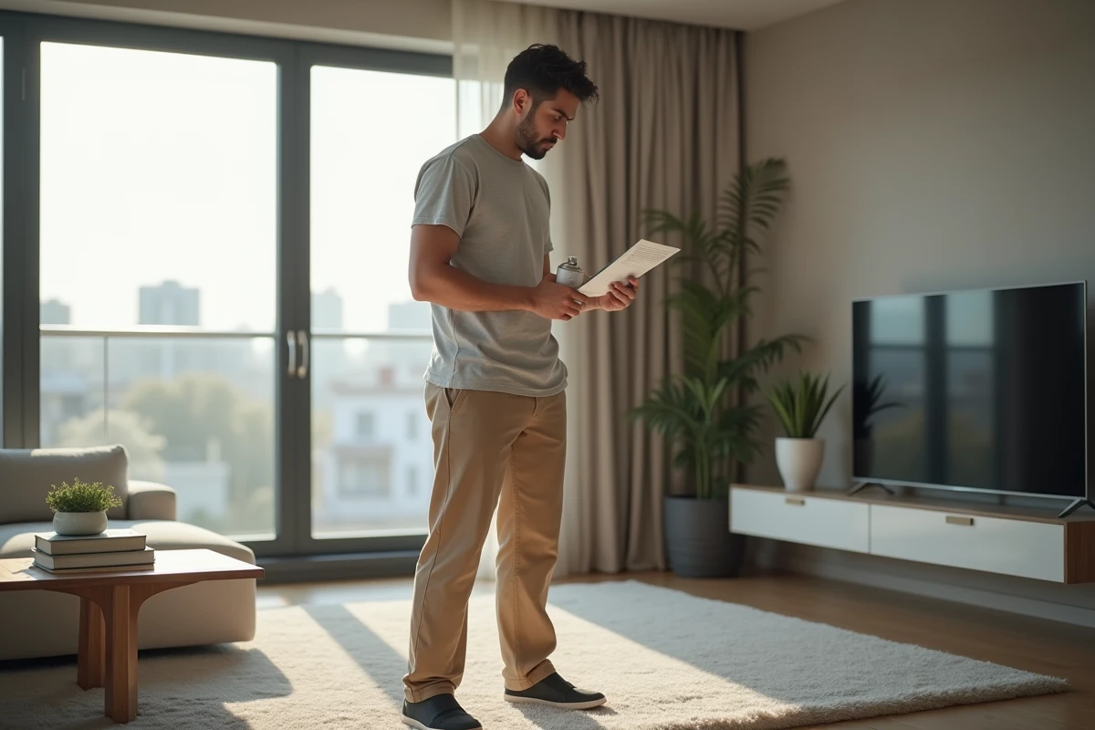 Jeune homme lisant les instructions pour protéger le tapis
