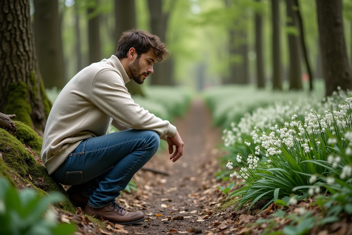 Jeune homme examinant des fleurs de lilas dans la foret