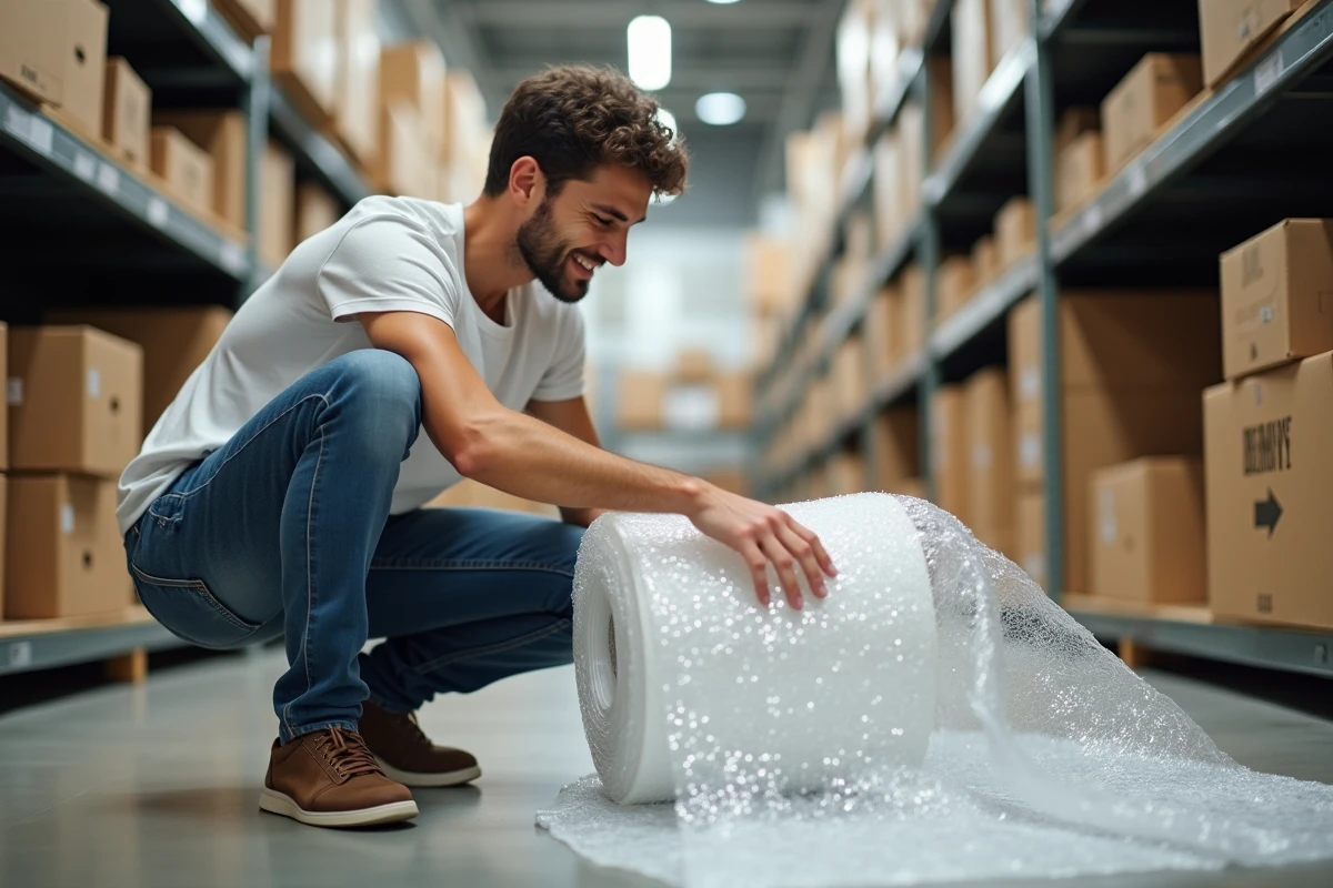 Jeune homme inspecte un rouleau de bulle dans un magasin