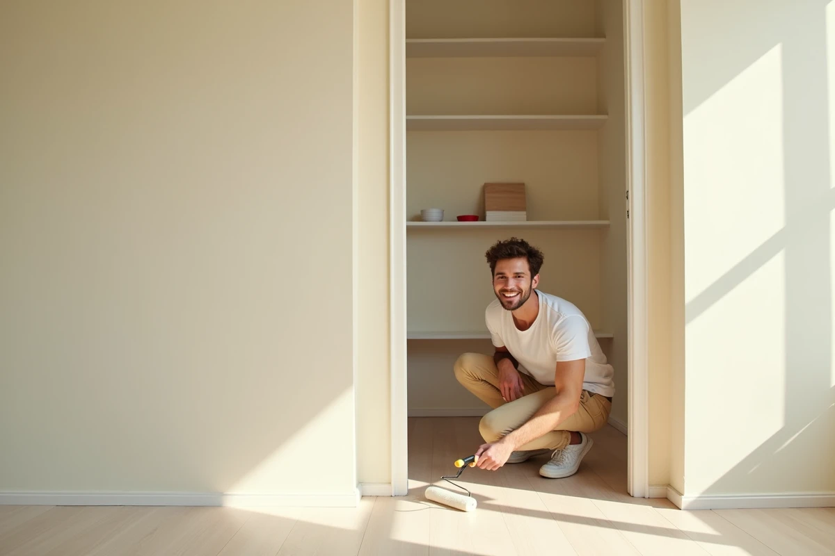 Jeune homme avec rouleau de peinture dans une petite chambre peinte en crème