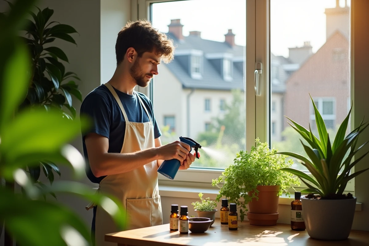 Jeune homme vaporisant huile de menthe sur plantes vertes en intérieur