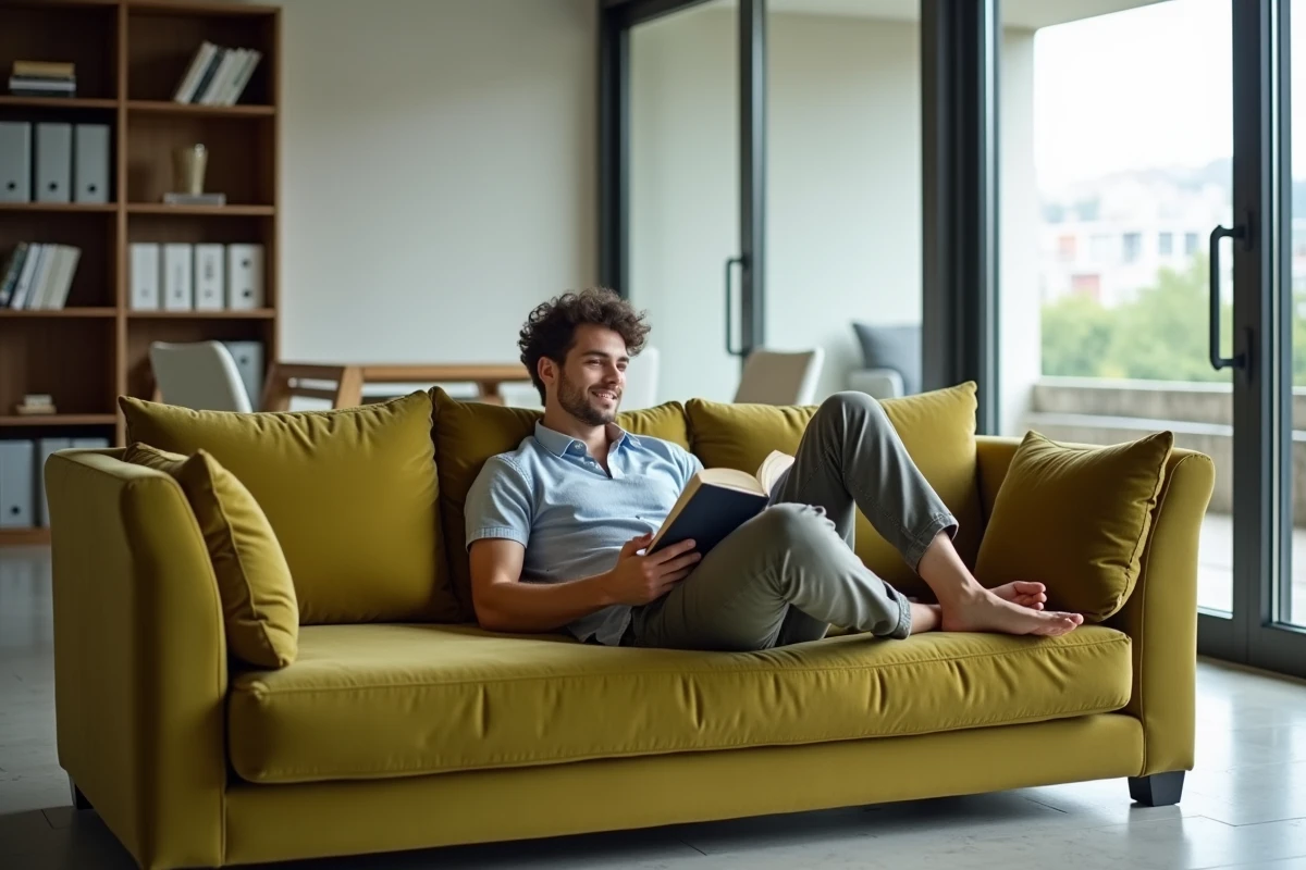 Jeune homme relaxant sur un canapé vert olive