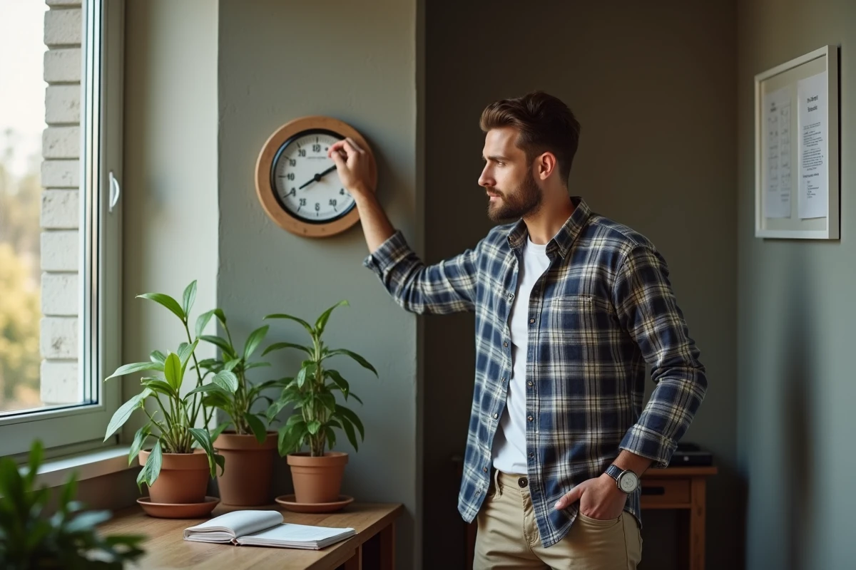 Jeune homme contrôlant un thermomètre d