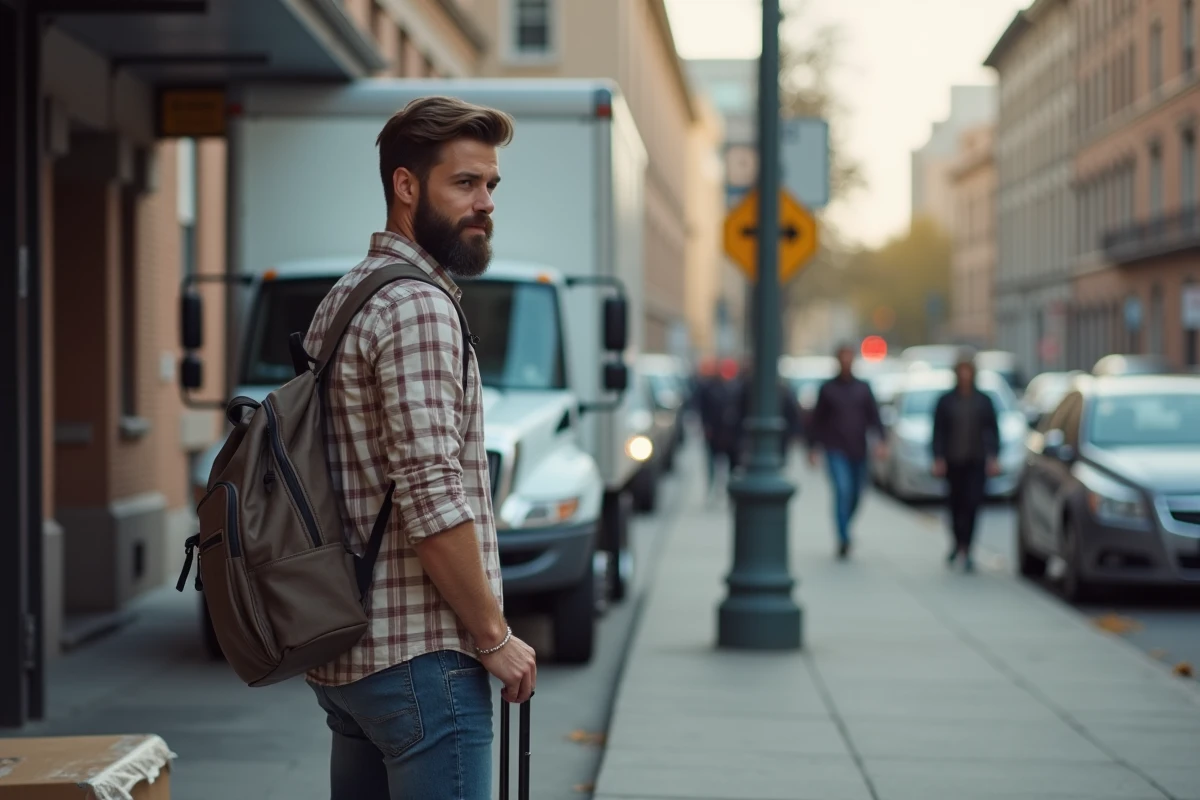 Jeune homme debout devant camion de déménagement en ville