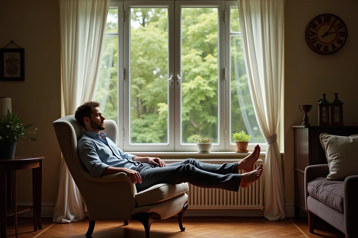 Jeune homme dans un salon avec vue sur jardin