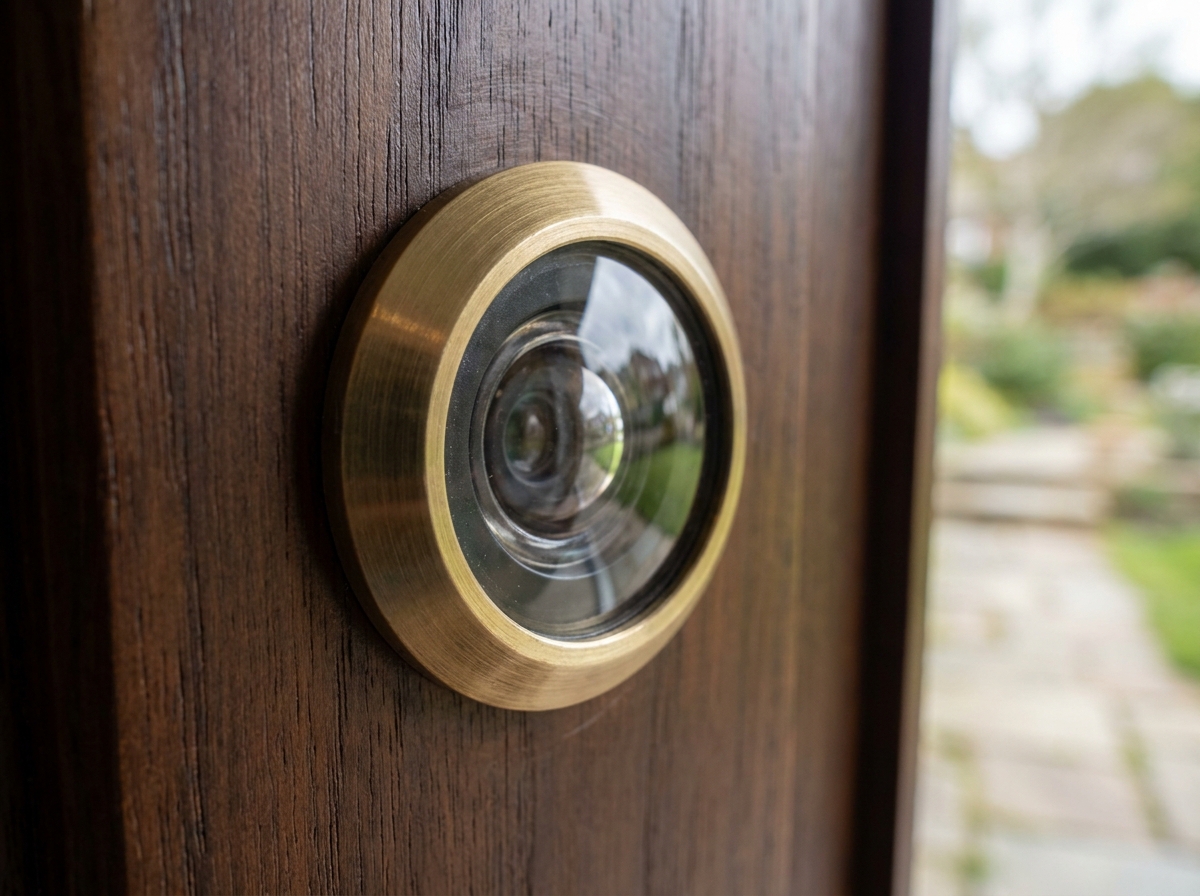 Judas de porte grand angle à lentille convexe en boîtier laiton installé à hauteur des yeux sur une porte en bois sombre