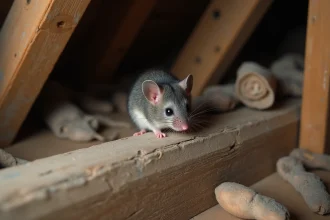 Loir gris perché sur une poutre en bois dans un grenier de maison ancienne