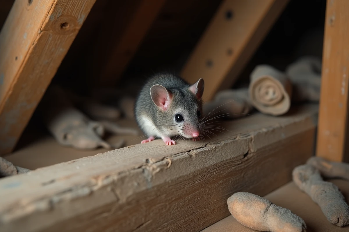 Loir gris perché sur une poutre en bois dans un grenier de maison ancienne
